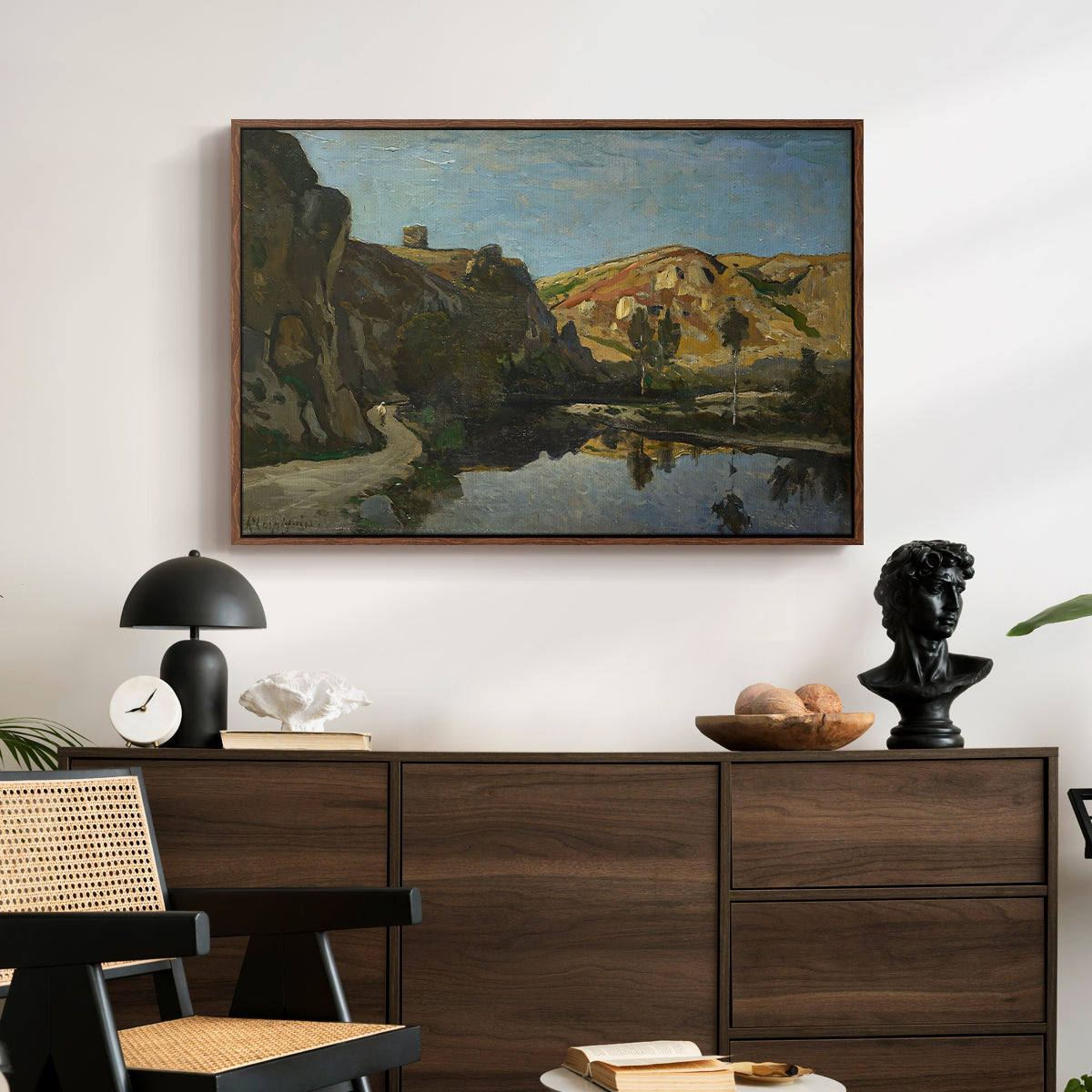 River Landscape with Cliffs, c. 1850-1860 - Floater Framed Canvas Print