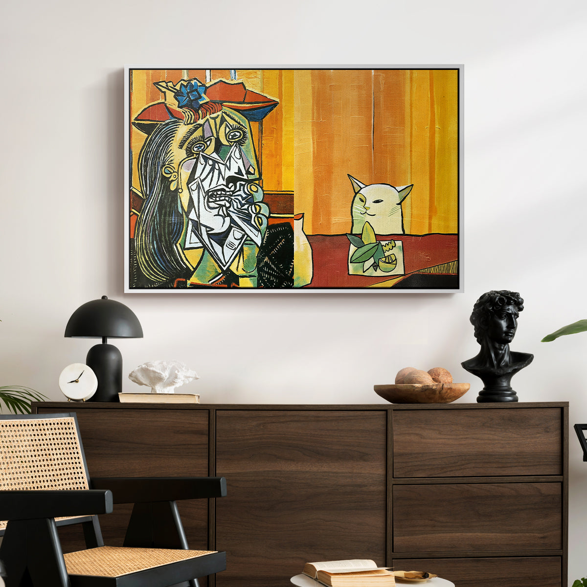 Woman Yelling at a Cat Meme (Picasso Parody) - Floater Framed Canvas Print