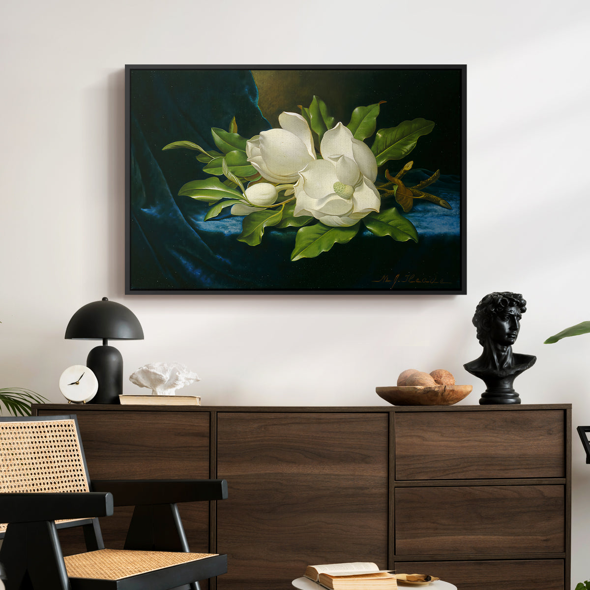 Giant Magnolias on a Blue Velvet Cloth, c. 1890 - Floater Framed Canvas Print