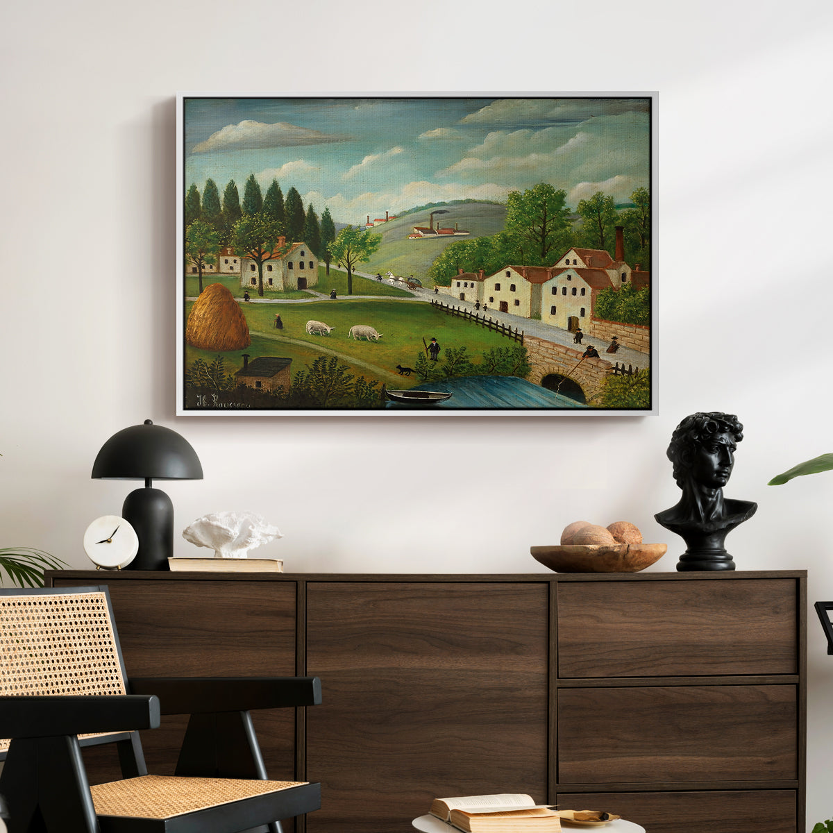 Pastoral Landscape with Stream, Fisherman and Strollers, 1875-1880 - Floater Framed Canvas Print