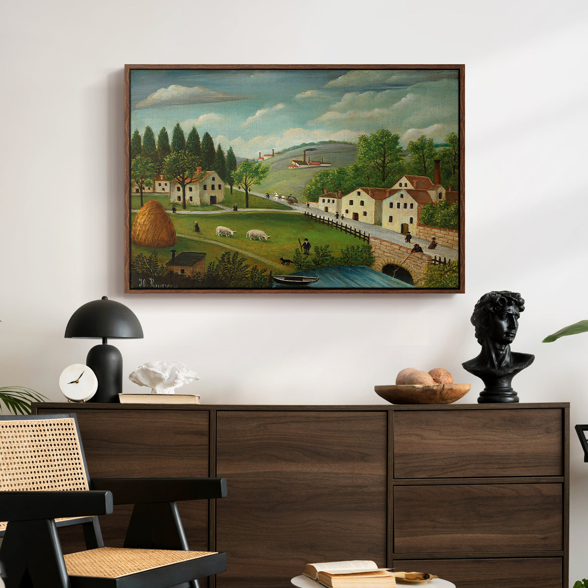 Pastoral Landscape with Stream, Fisherman and Strollers, 1875-1880 - Floater Framed Canvas Print