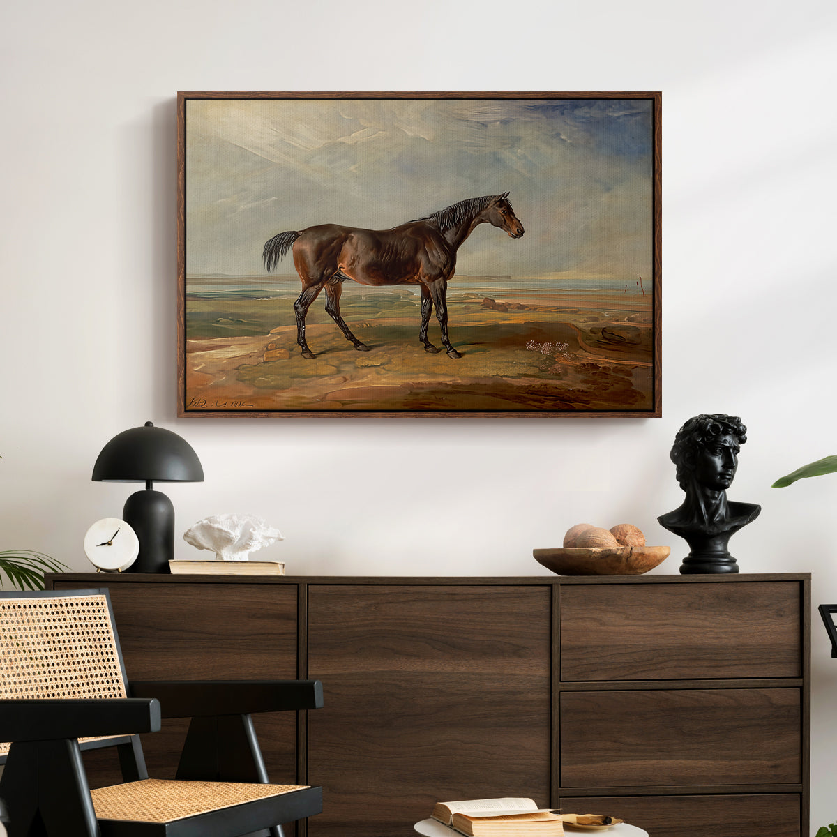 Dr. Syntax, a Bay Racehorse, Standing in a Coastal Landscape, an Estuary Beyond, c. 1820 - Floater Framed Canvas Print