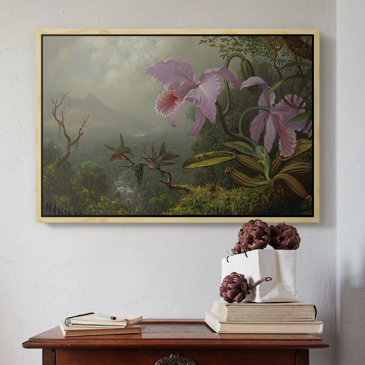 Two Sun Angel Hummingbirds on a Branch, c. 1890-1904 - Floater Framed Canvas Print