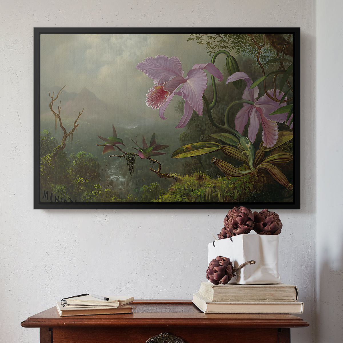 Two Sun Angel Hummingbirds on a Branch, c. 1890-1904 - Floater Framed Canvas Print