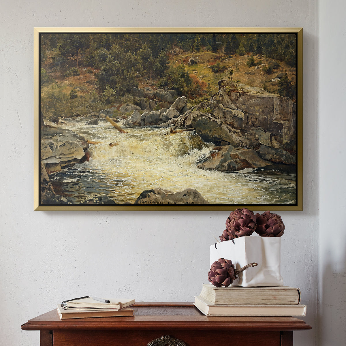 Waterfall in Hallingdal, 1848 - Floater Framed Canvas Print