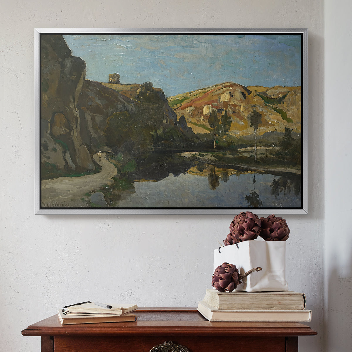River Landscape with Cliffs, c. 1850-1860 - Floater Framed Canvas Print