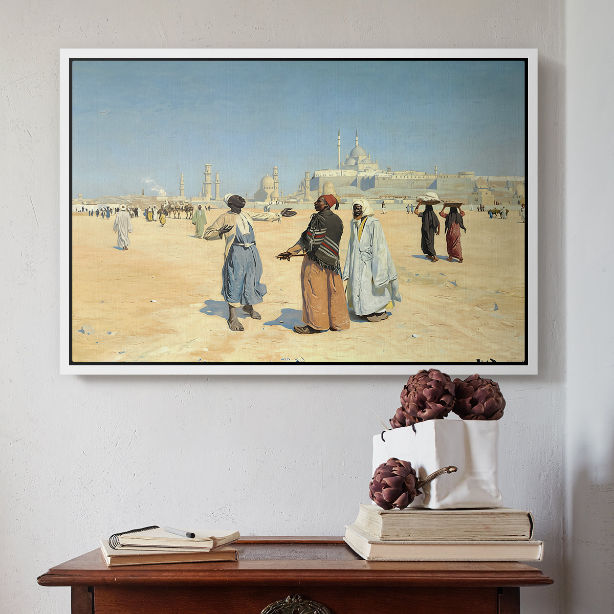 View from the Desert of Cairo with Citadel and Mamluk Tombs in the Background, c. 1889-1890 - Floater Framed Canvas Print