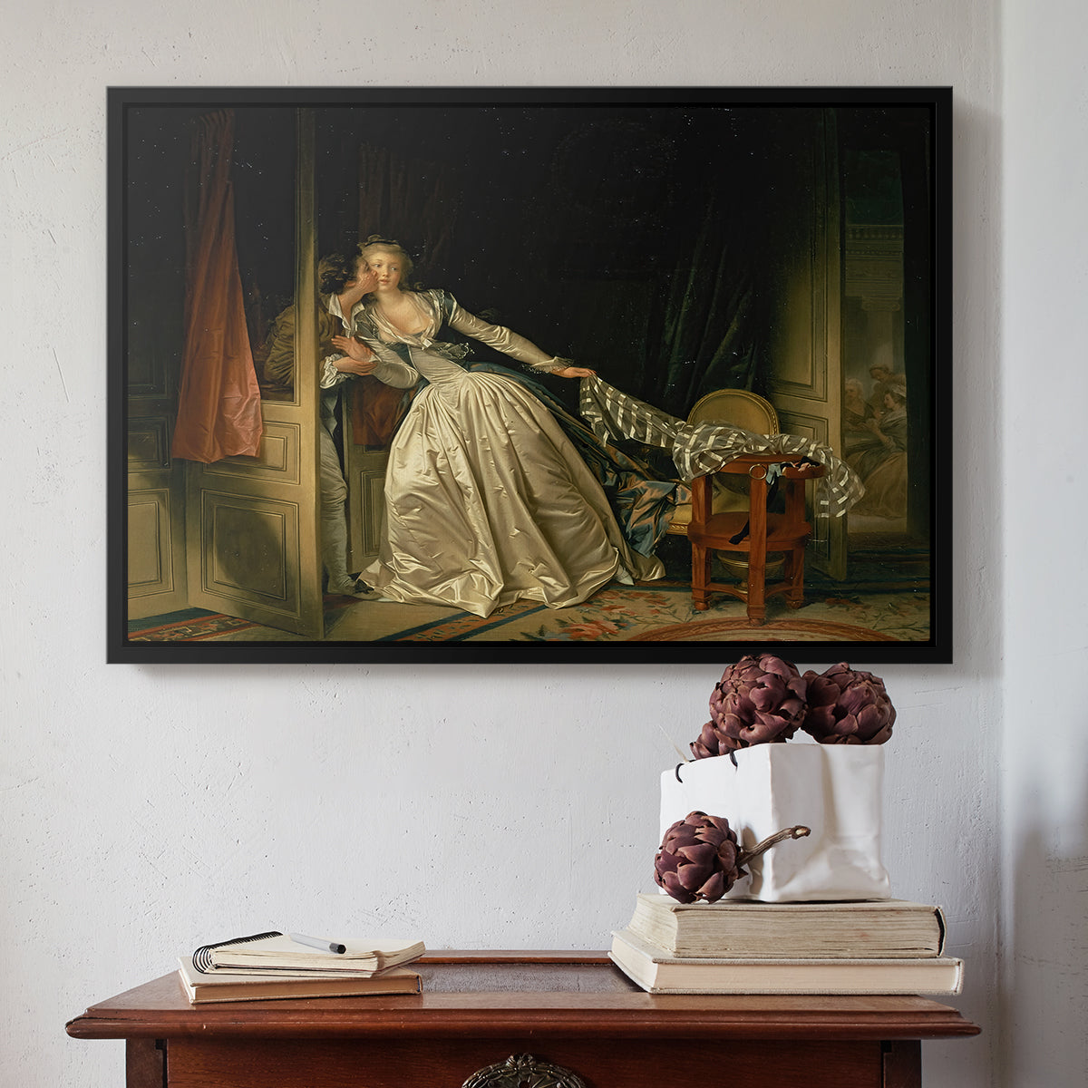 The Stolen Kiss (Le Baiser à la dérobée), c. 1788 - Floater Framed Canvas Print