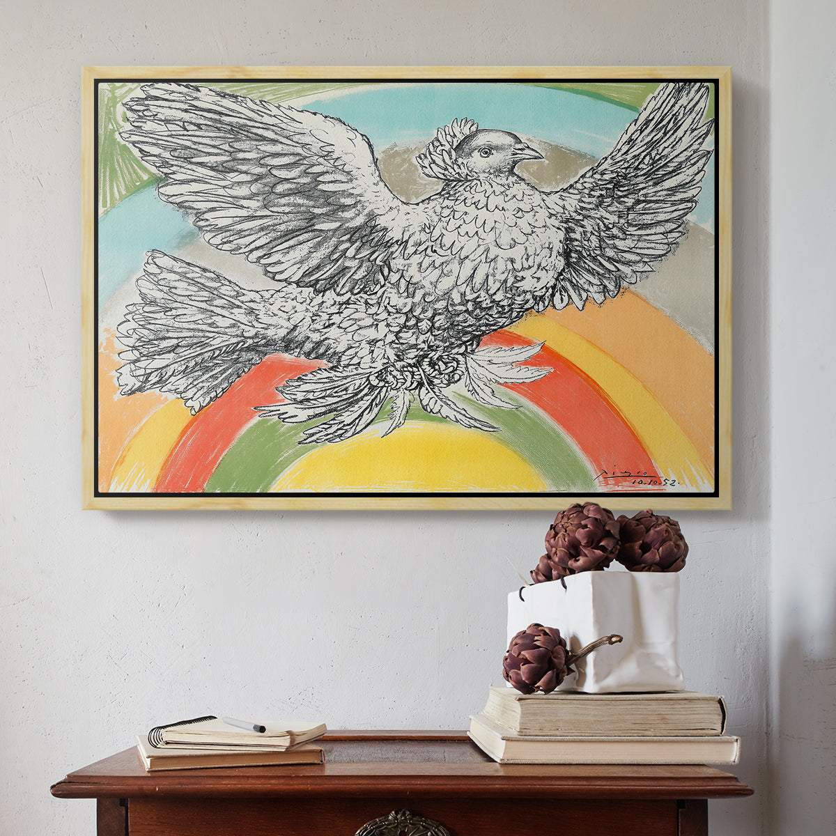 Flying Dove with Rainbow (Colombe volant à l'Arc-en-ciel), 1952 - Floater Framed Canvas Print