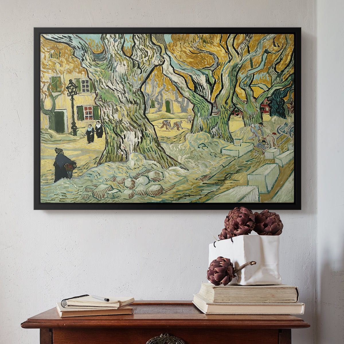 The Large Plane Trees (Road Menders at Saint-Rémy), 1889 - Floater Framed Canvas Print