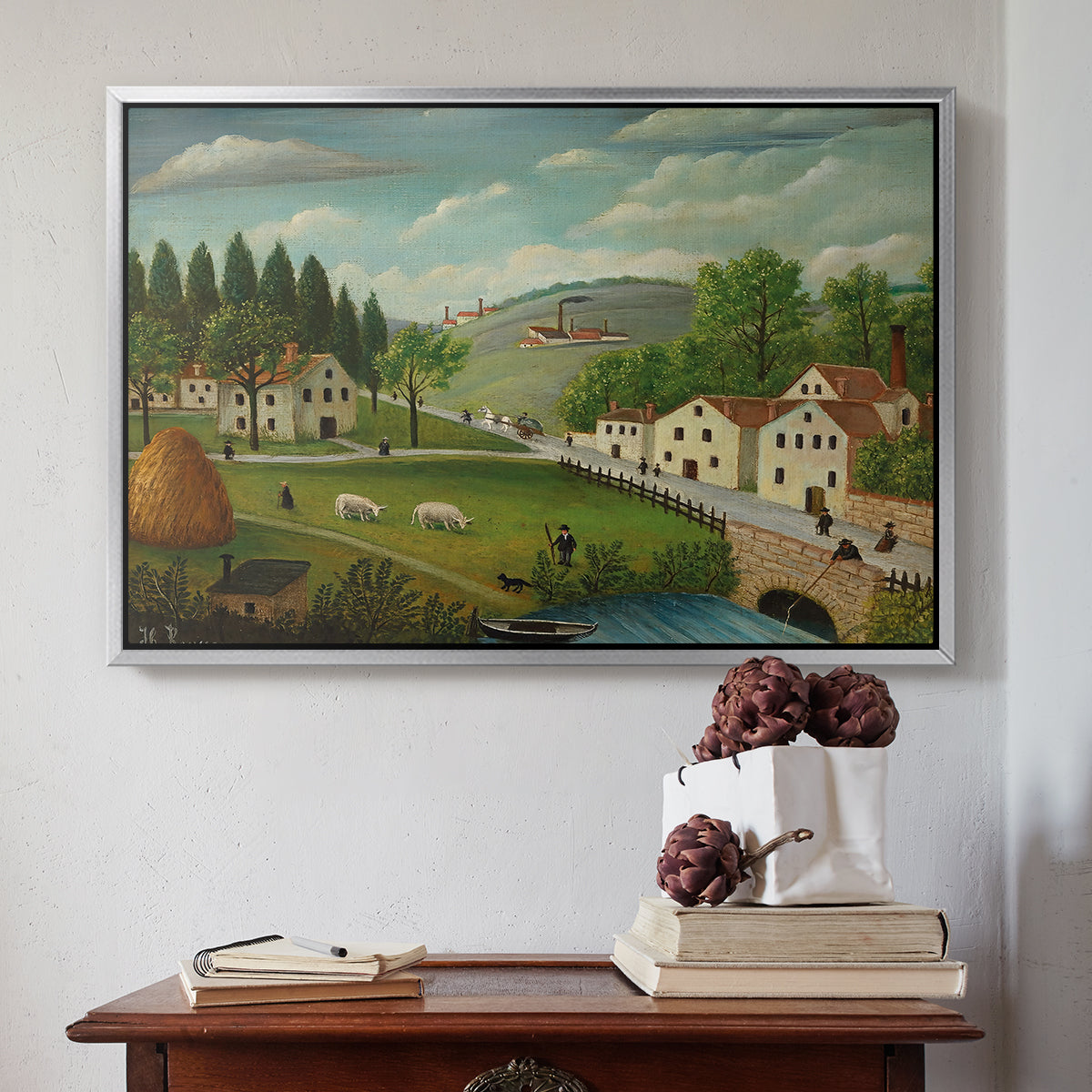 Pastoral Landscape with Stream, Fisherman and Strollers, 1875-1880 - Floater Framed Canvas Print