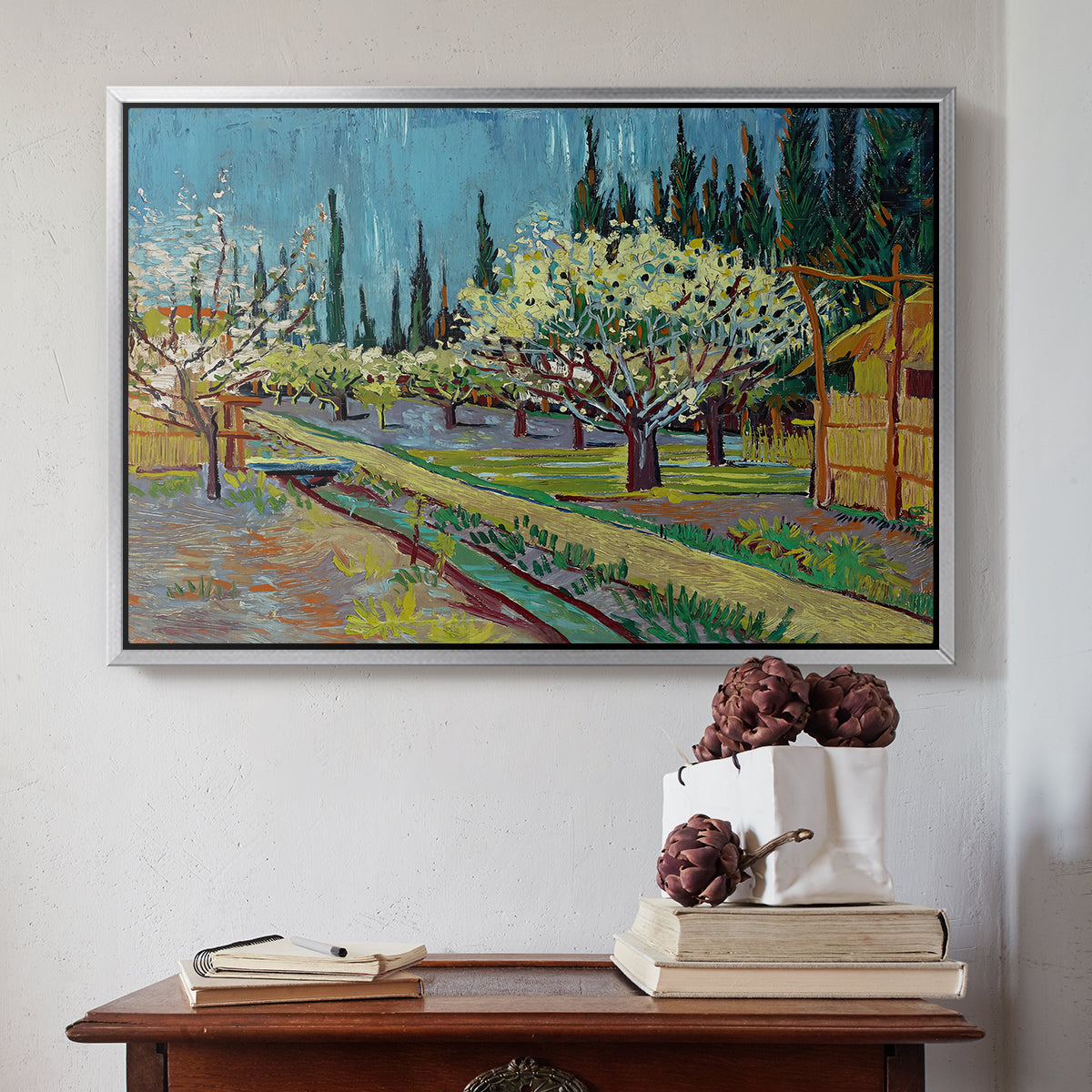 Orchard in Blossom, Bordered by Cypresses, 1888 - Floater Framed Canvas Print