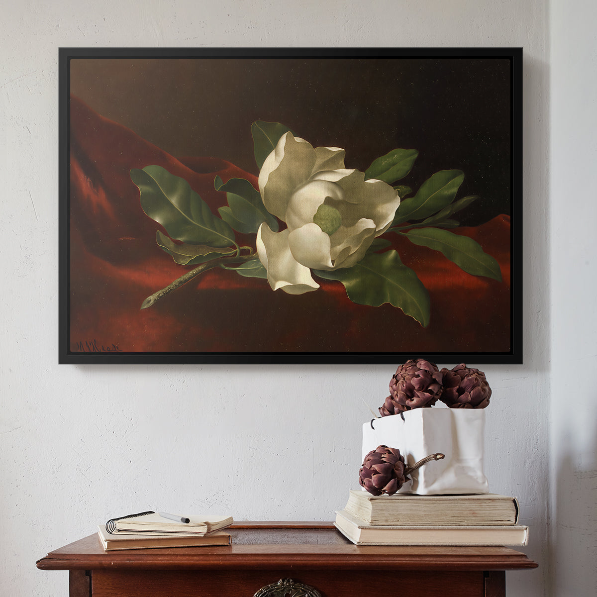 Magnolia on Red Velvet, c. 1885-1890 - Floater Framed Canvas Print