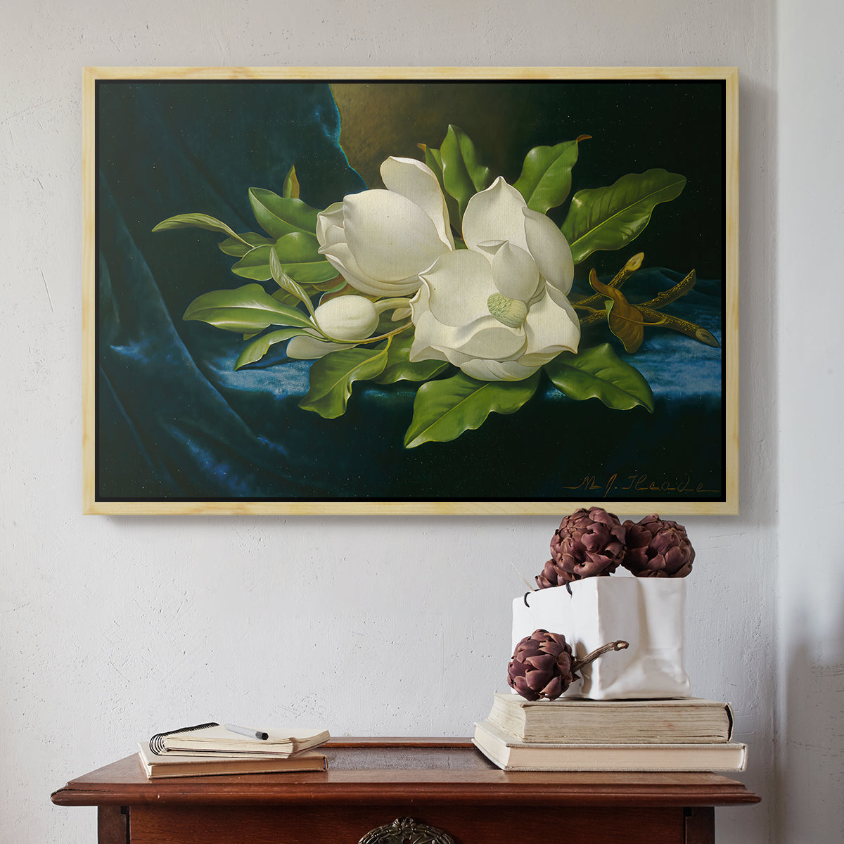 Giant Magnolias on a Blue Velvet Cloth, c. 1890 - Floater Framed Canvas Print