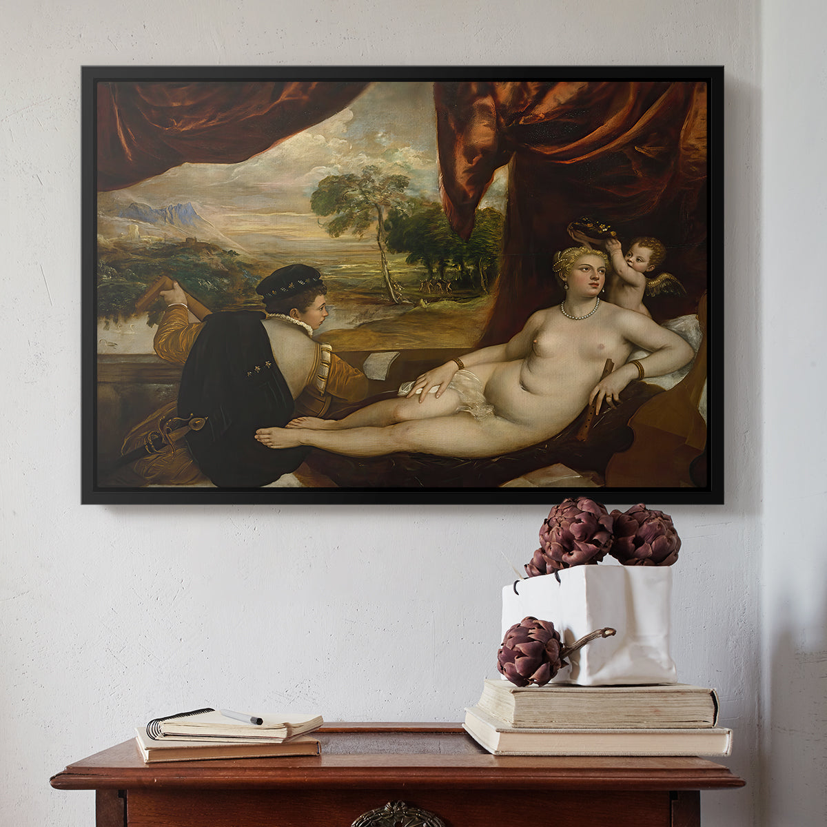 Venus and the Lute Player, c. 1565-1570 - Floater Framed Canvas Print