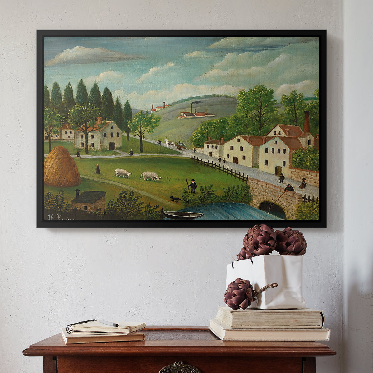 Pastoral Landscape with Stream, Fisherman and Strollers, 1875-1880 - Floater Framed Canvas Print