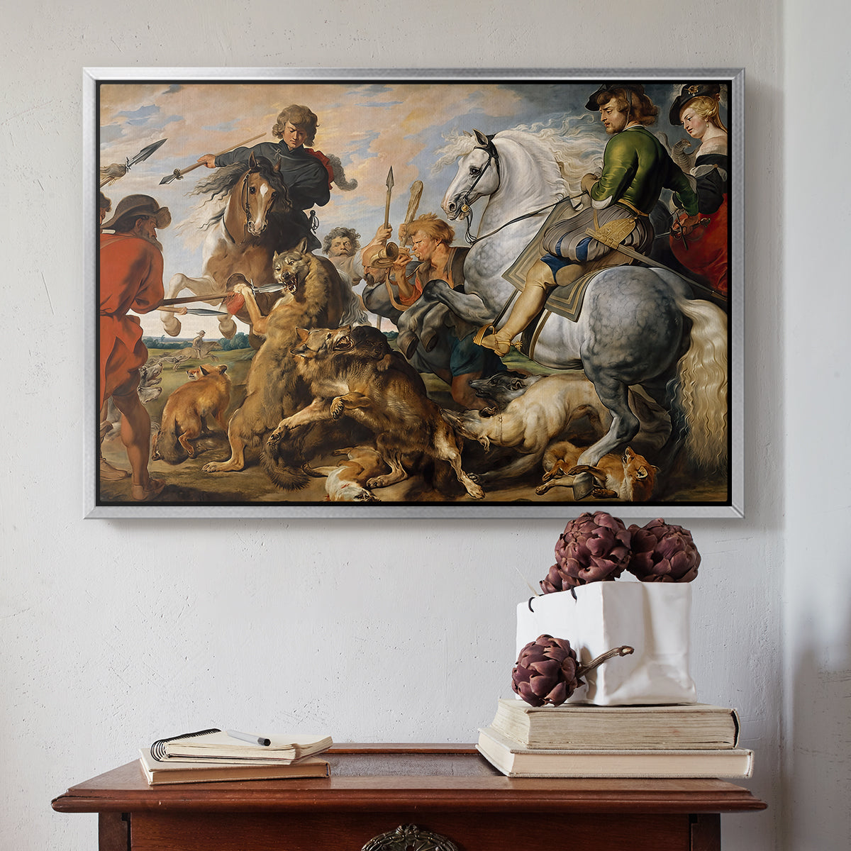 The Wolf and Fox Hunt, c. 1616 - Floater Framed Canvas Print