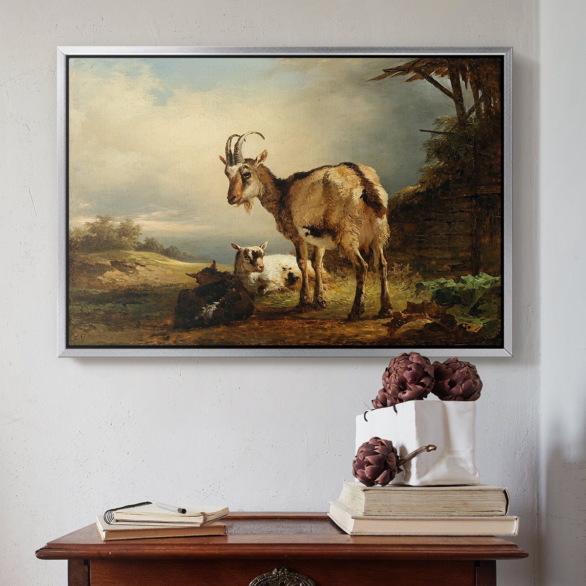 A Goat with Two Kids - Floater Framed Canvas Print