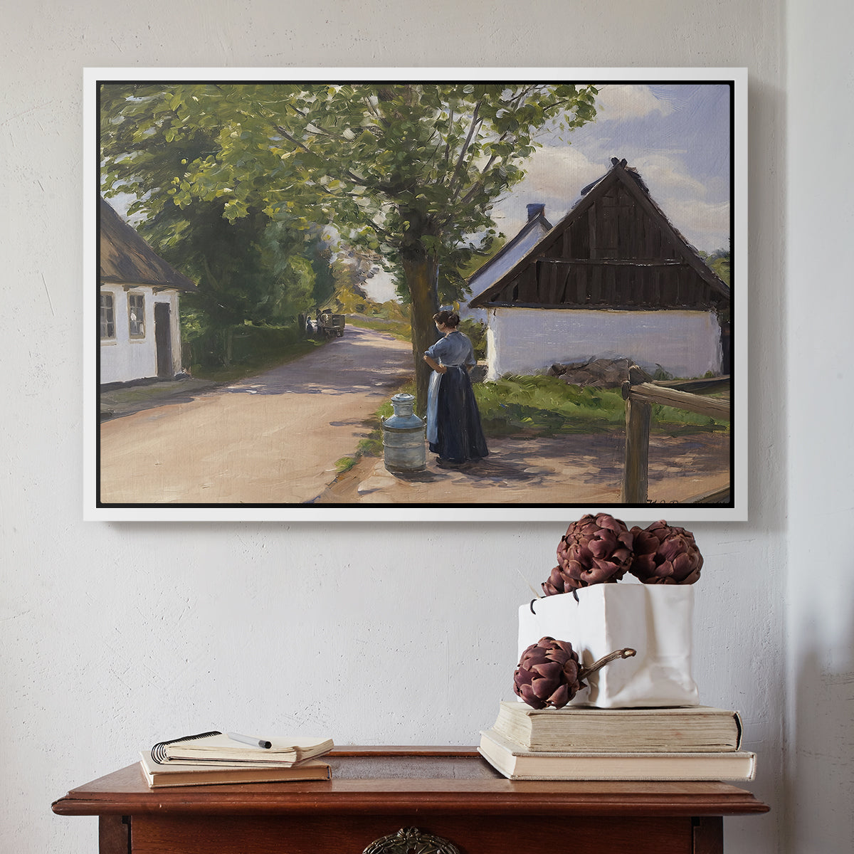 Danish Village Street with Woman and Milkman, 1880 - Floater Framed Canvas Print