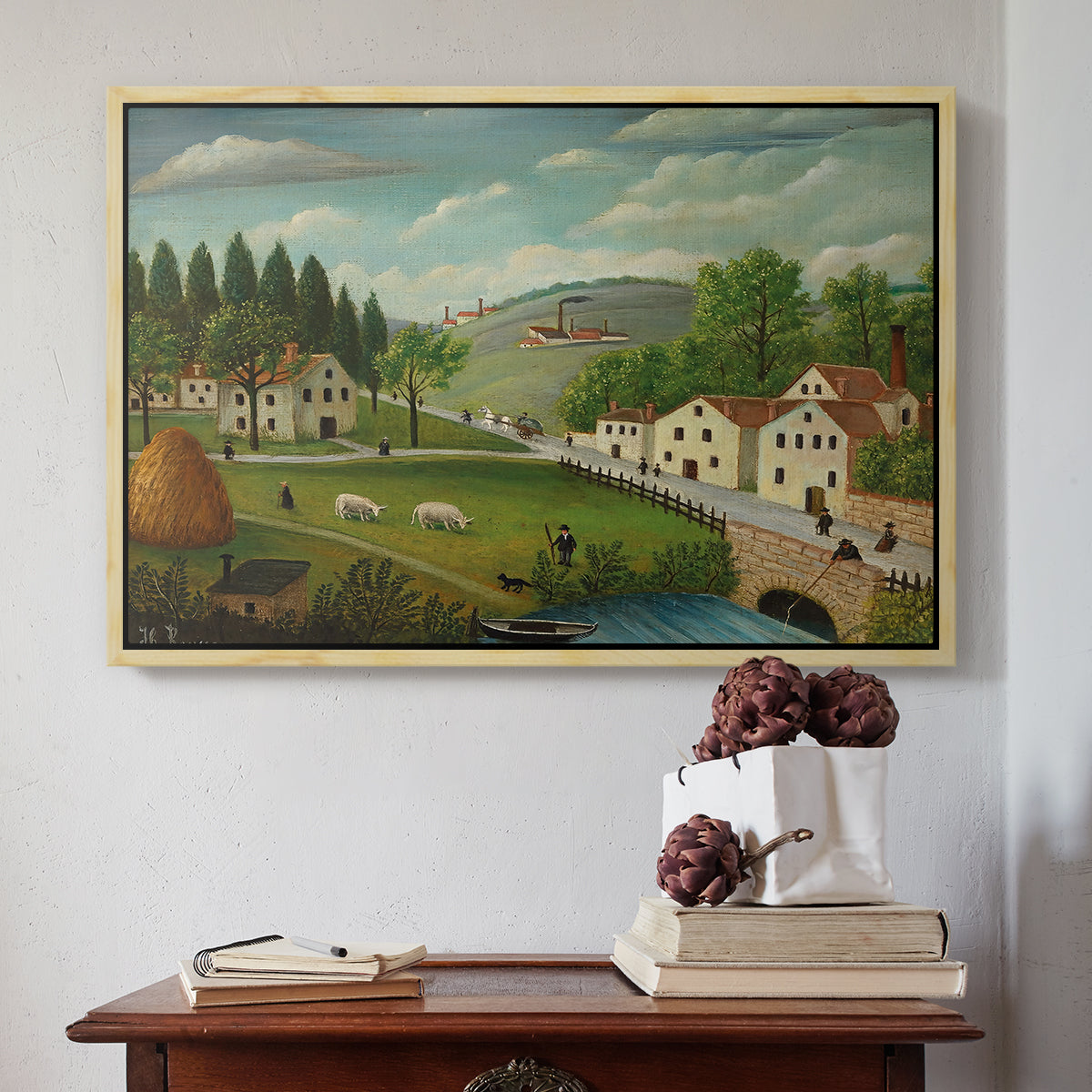 Pastoral Landscape with Stream, Fisherman and Strollers, 1875-1880 - Floater Framed Canvas Print