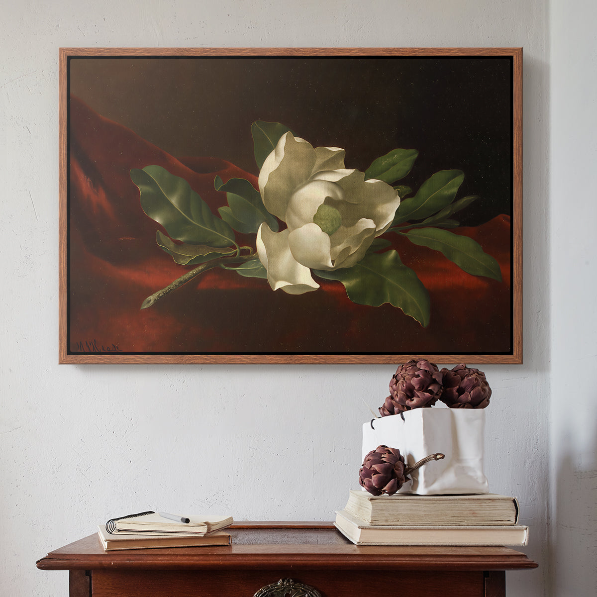 Magnolia on Red Velvet, c. 1885-1890 - Floater Framed Canvas Print