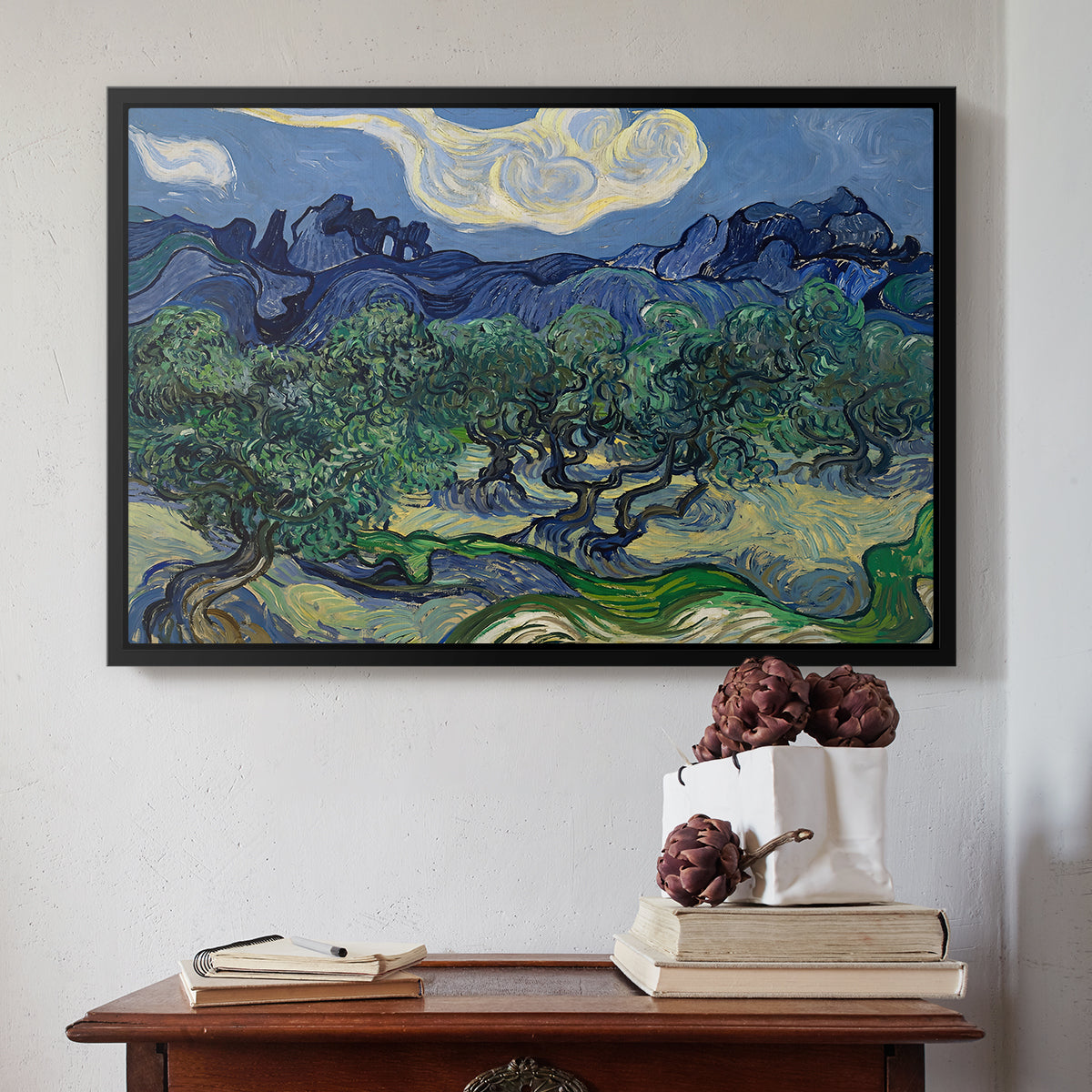 Olive Trees with the Alpilles in the Background, 1889 - Floater Framed Canvas Print