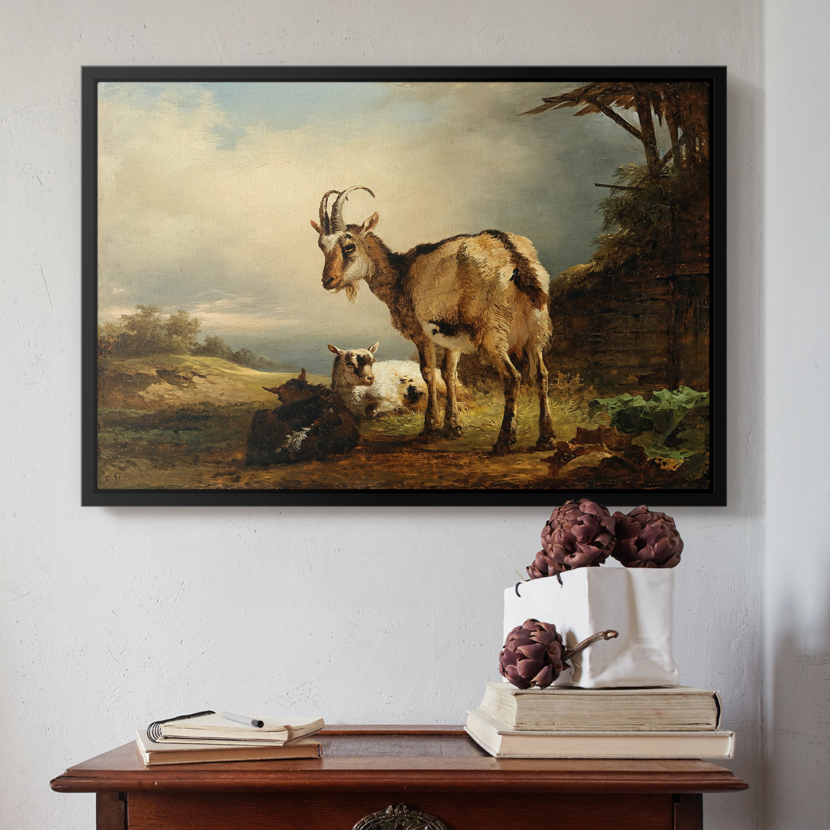 A Goat with Two Kids - Floater Framed Canvas Print