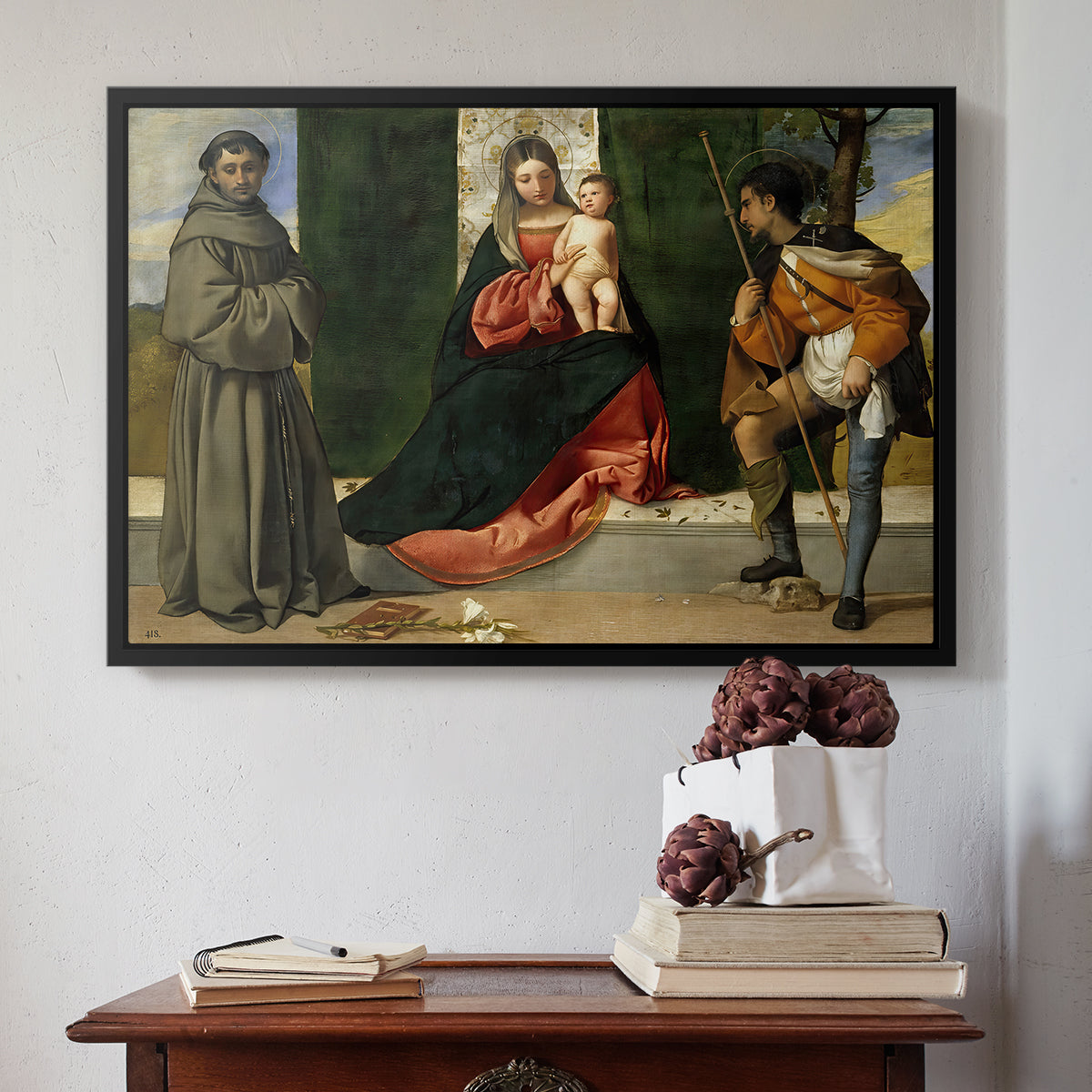 Madonna and Child with Saints Anthony of Padua and Roch, c. 1510 - Floater Framed Canvas Print