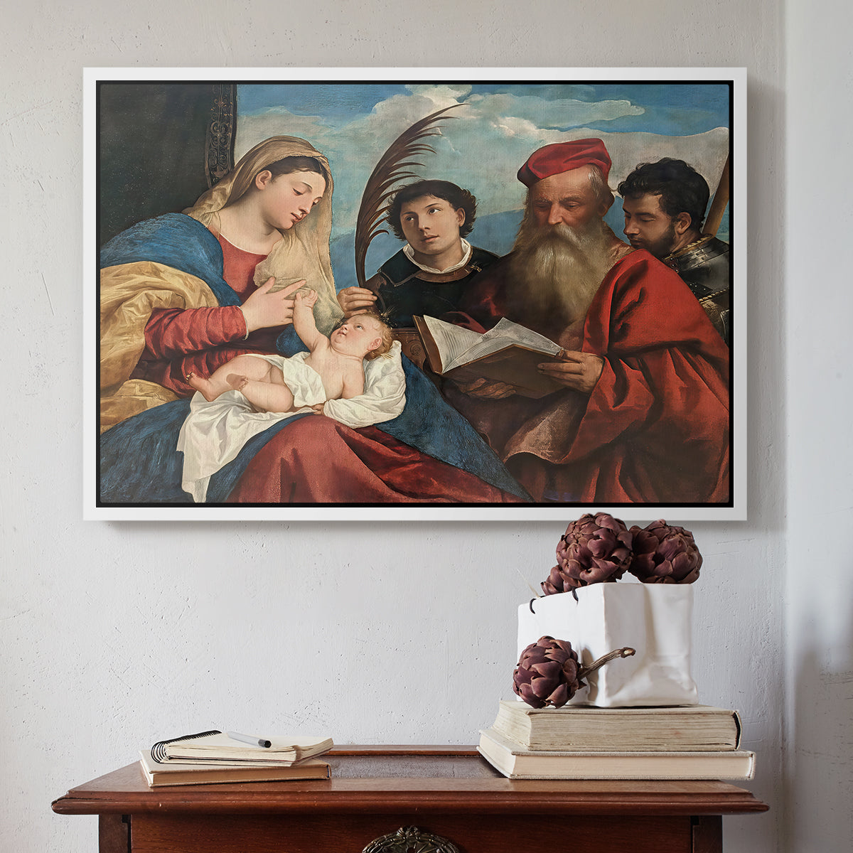 Mary and Child with Saints Stephen, Jerome and Maurice, c. 1510 - Floater Framed Canvas Print