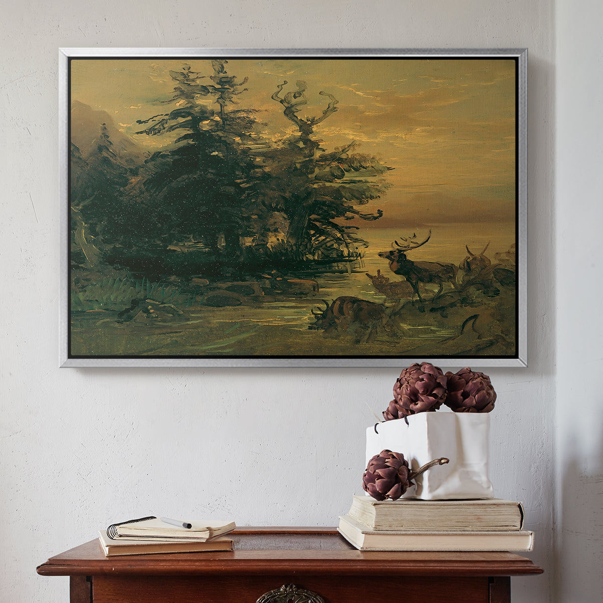 Wallowing Deer on the Shore of a Mountain Lake, c. 1850 - Floater Framed Canvas Print