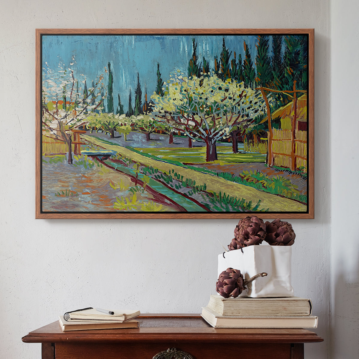 Orchard in Blossom, Bordered by Cypresses, 1888 - Floater Framed Canvas Print