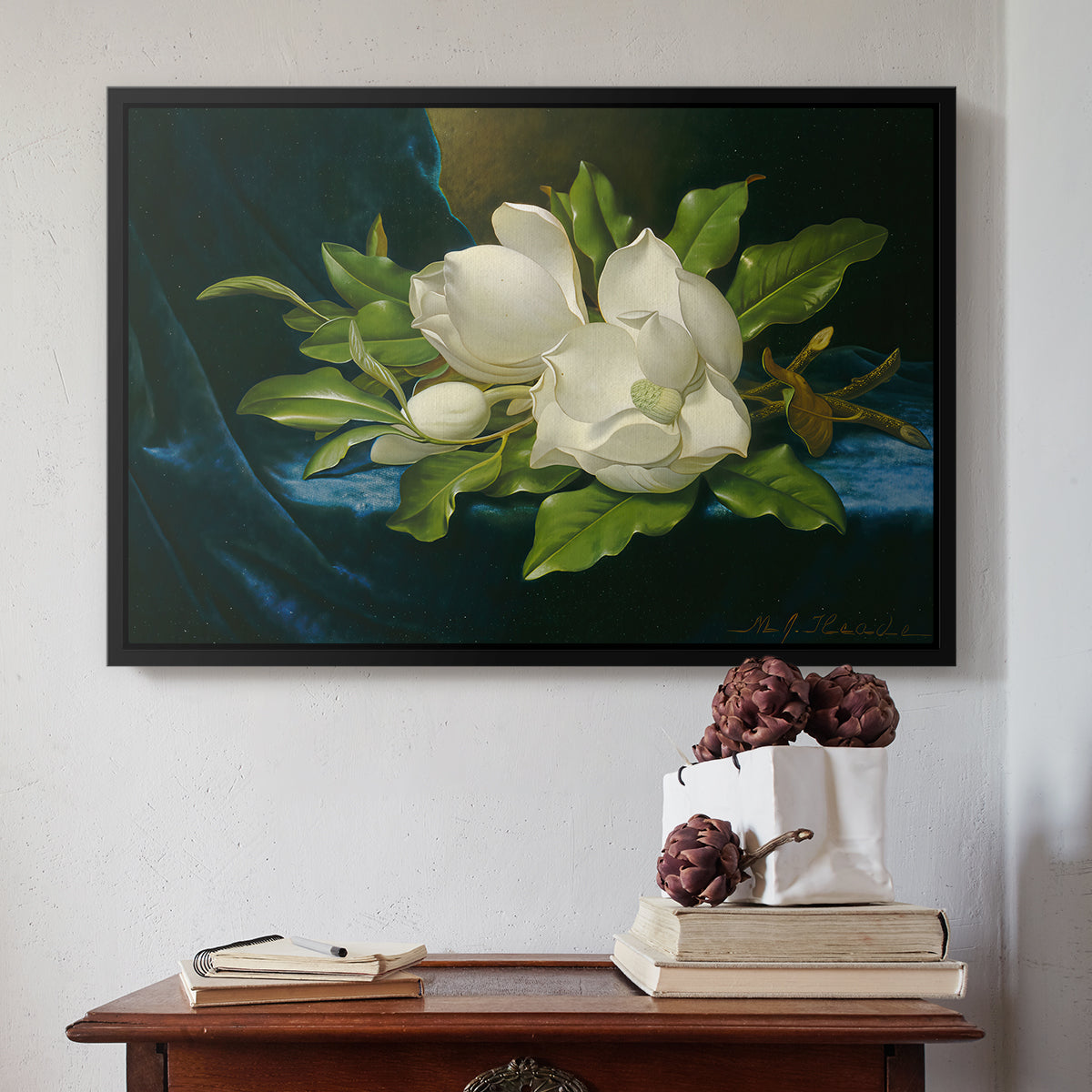 Giant Magnolias on a Blue Velvet Cloth, c. 1890 - Floater Framed Canvas Print