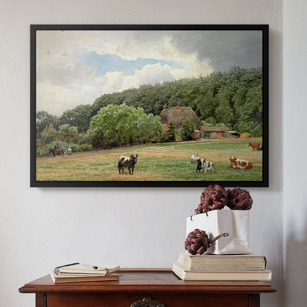 Farm with Grazing Cows (Bondegård med beitende kuer), 1892 - Floater Framed Canvas Print