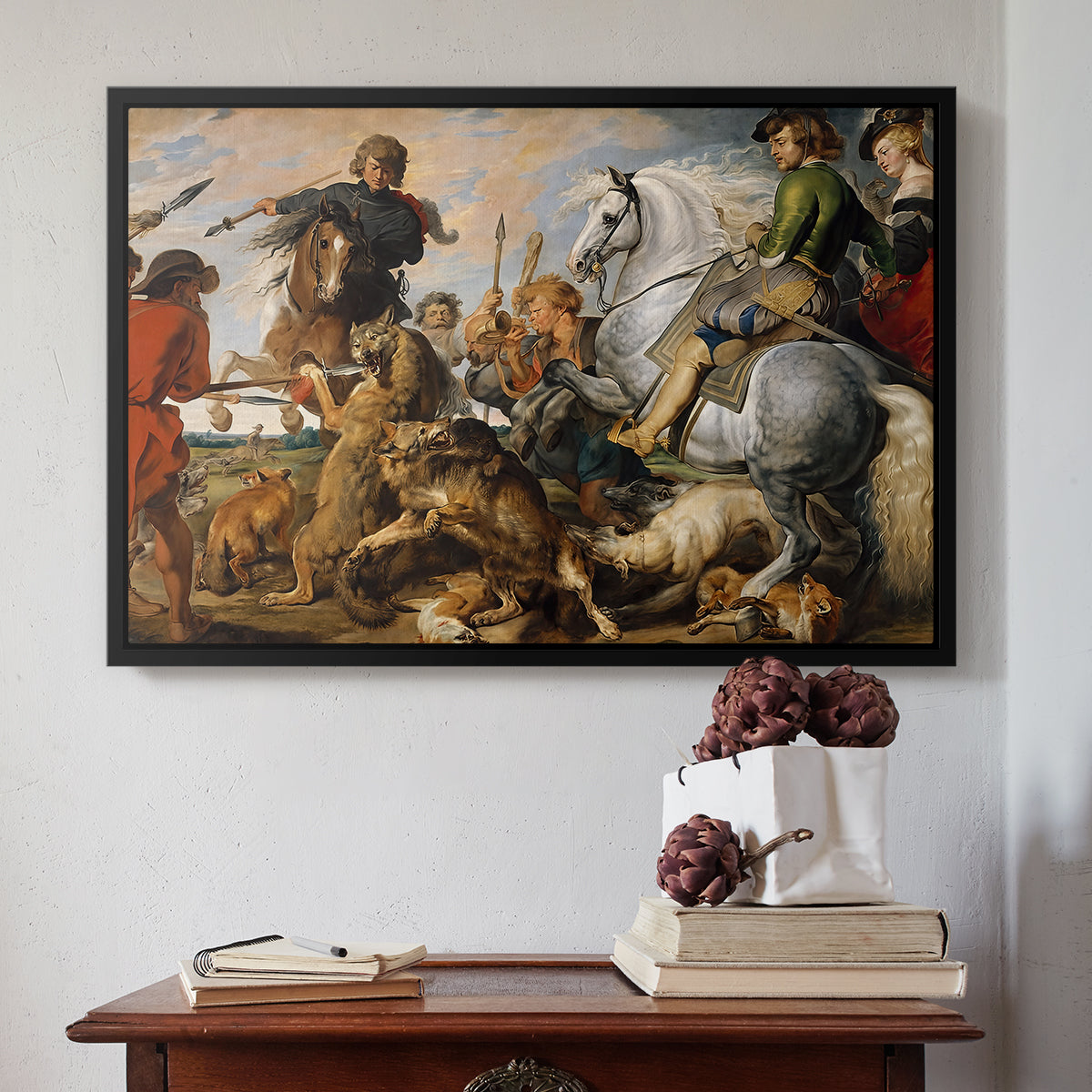 The Wolf and Fox Hunt, c. 1616 - Floater Framed Canvas Print