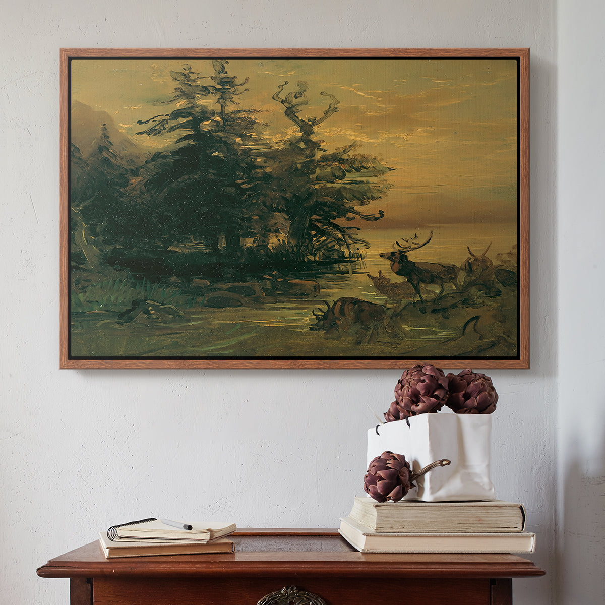 Wallowing Deer on the Shore of a Mountain Lake, c. 1850 - Floater Framed Canvas Print