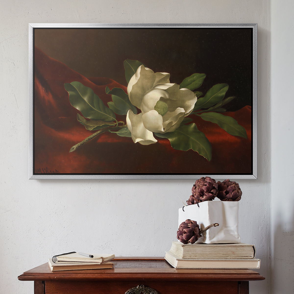 Magnolia on Red Velvet, c. 1885-1890 - Floater Framed Canvas Print