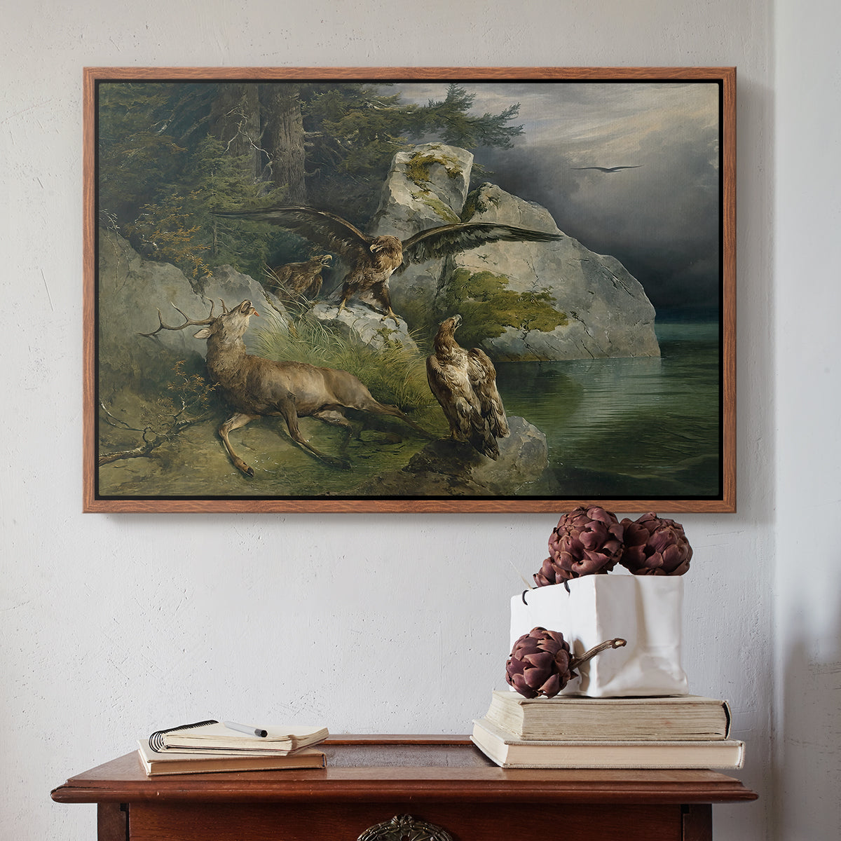 Eagles and Dying Stag on a Lakeshore, 1836 - Floater Framed Canvas Print