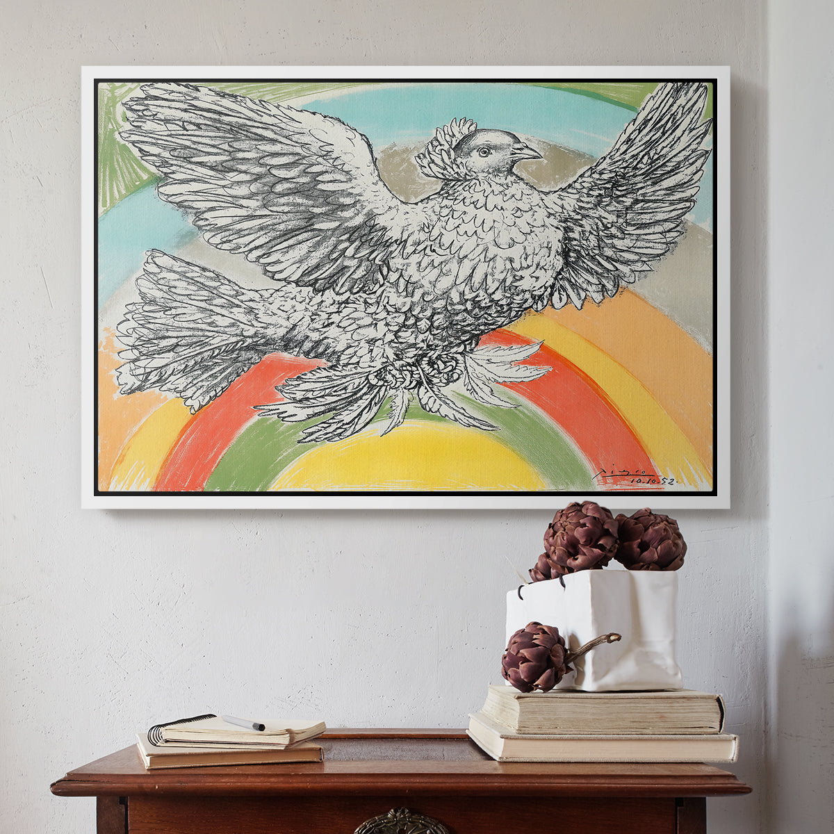 Flying Dove with Rainbow (Colombe volant à l'Arc-en-ciel), 1952 - Floater Framed Canvas Print