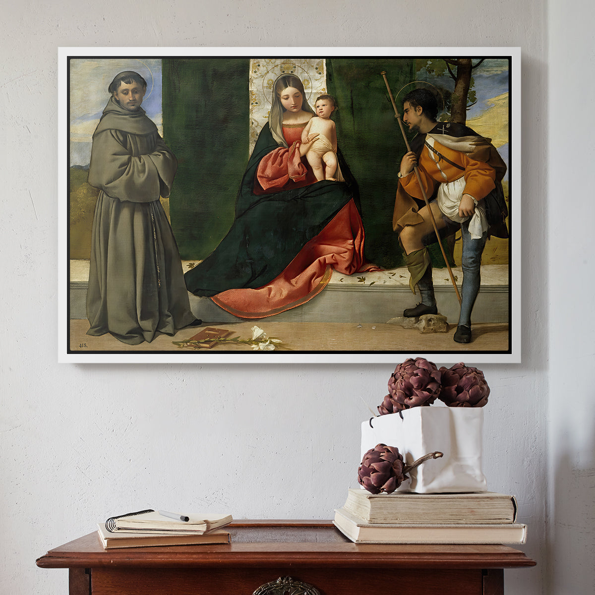 Madonna and Child with Saints Anthony of Padua and Roch, c. 1510 - Floater Framed Canvas Print