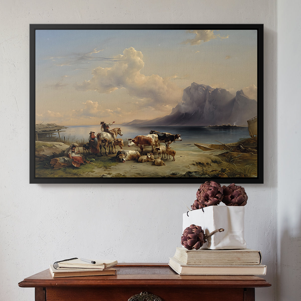 Shepherds and Cattle on Lake Attersee, 1852 - Floater Framed Canvas Print