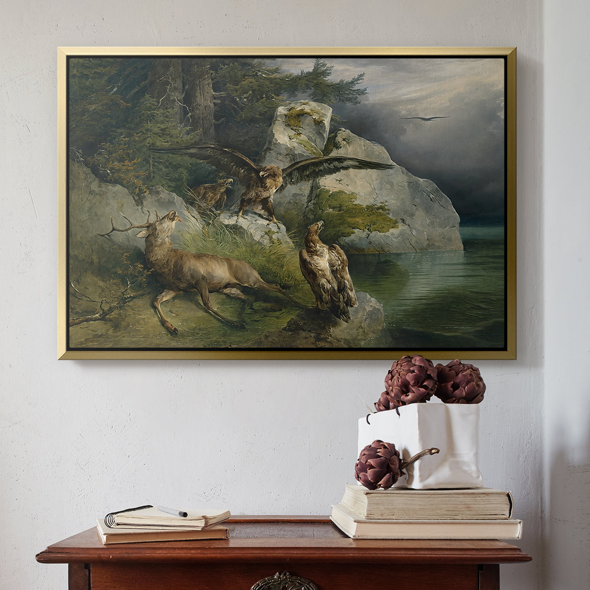Eagles and Dying Stag on a Lakeshore, 1836 - Floater Framed Canvas Print