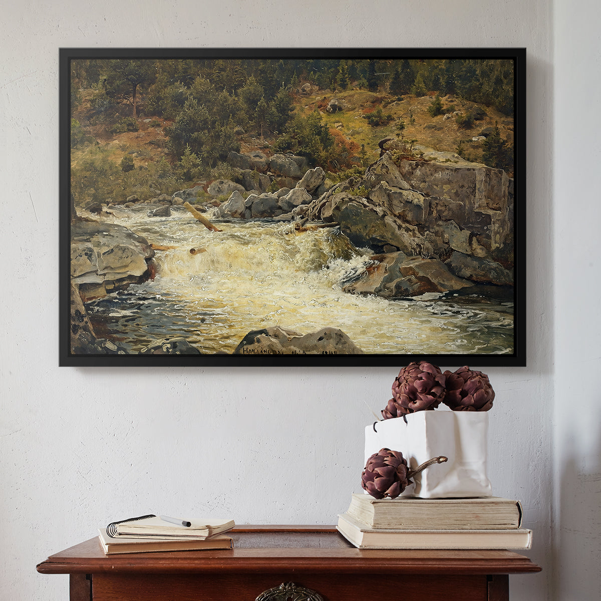 Waterfall in Hallingdal, 1848 - Floater Framed Canvas Print