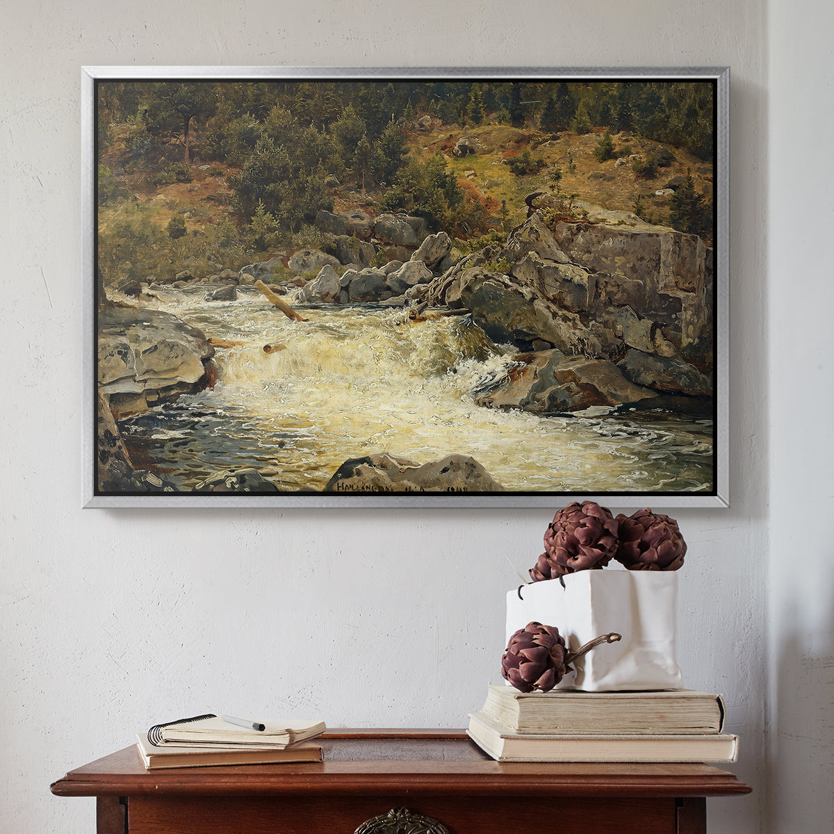 Waterfall in Hallingdal, 1848 - Floater Framed Canvas Print