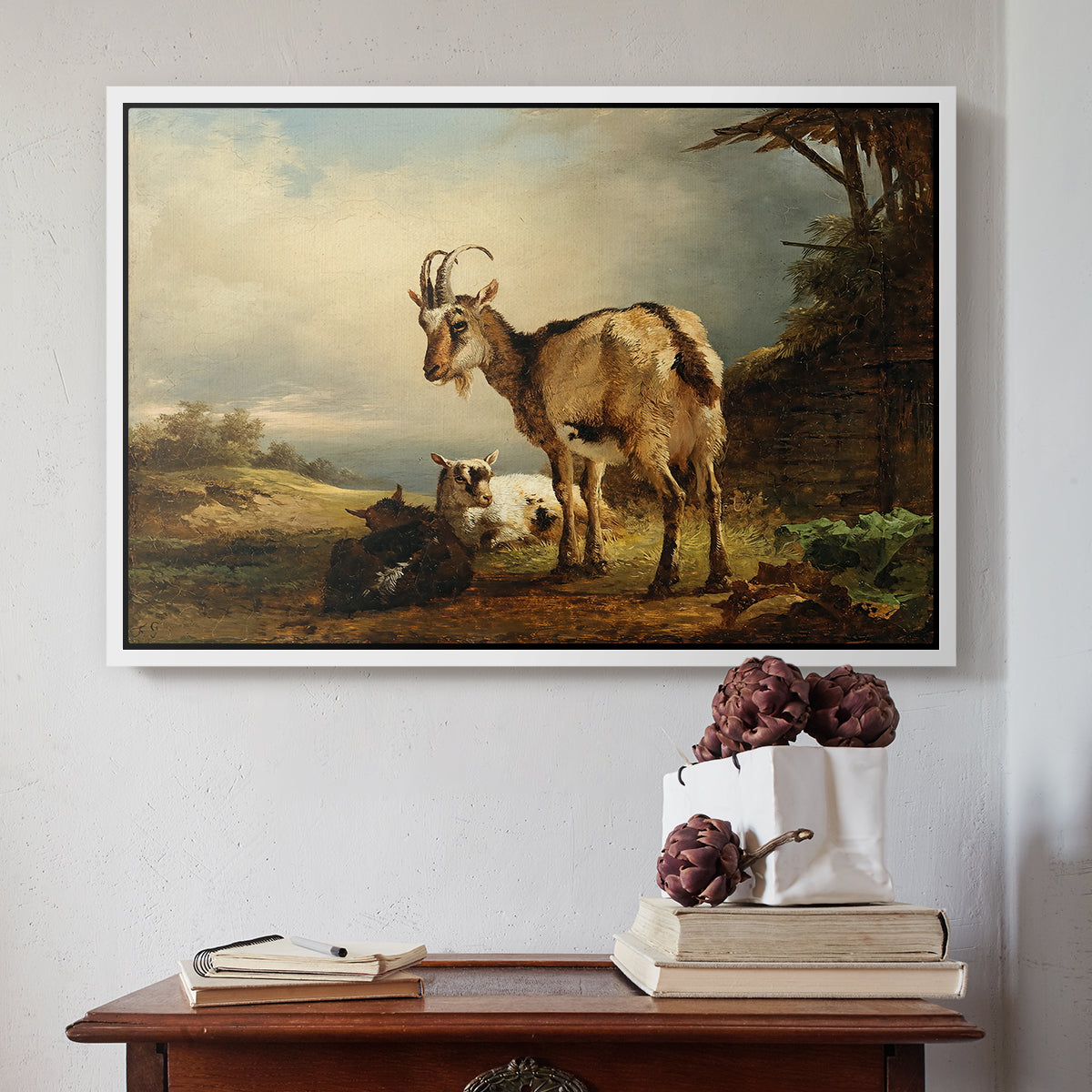 A Goat with Two Kids - Floater Framed Canvas Print