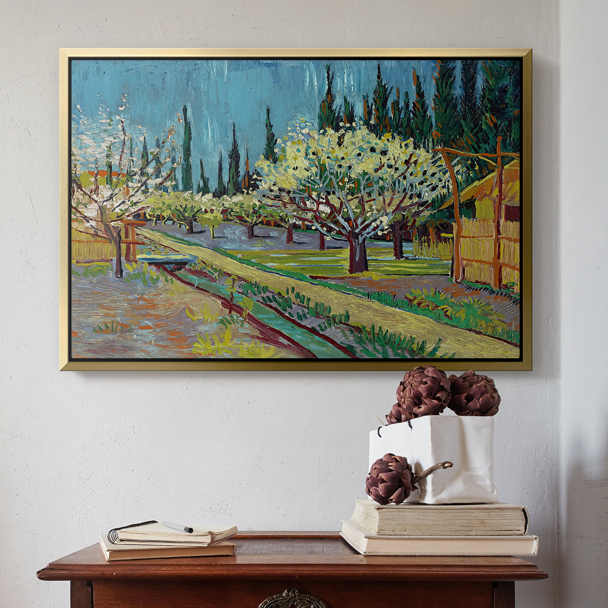 Orchard in Blossom, Bordered by Cypresses, 1888 - Floater Framed Canvas Print