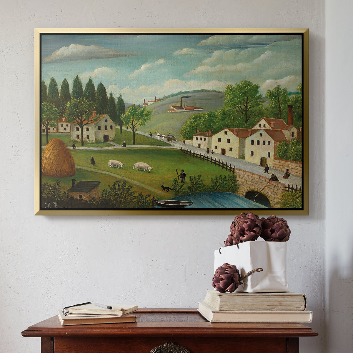 Pastoral Landscape with Stream, Fisherman and Strollers, 1875-1880 - Floater Framed Canvas Print