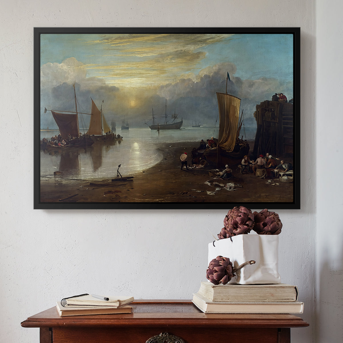 Sun Rising through Vapour: Fishermen Cleaning and Selling Fish, c. 1807 - Floater Framed Canvas Print