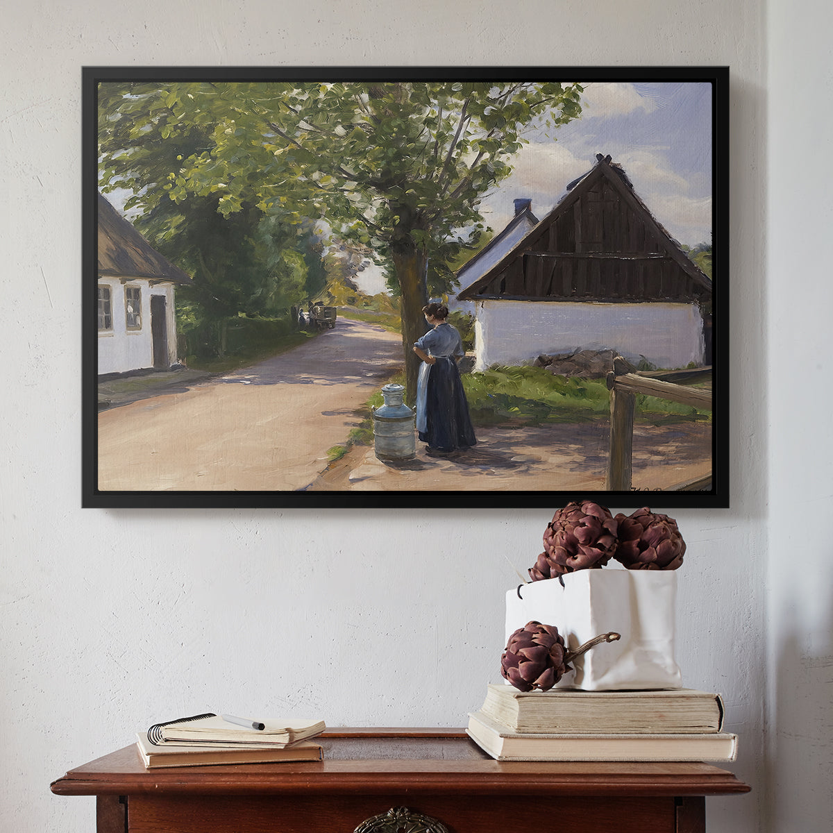 Danish Village Street with Woman and Milkman, 1880 - Floater Framed Canvas Print