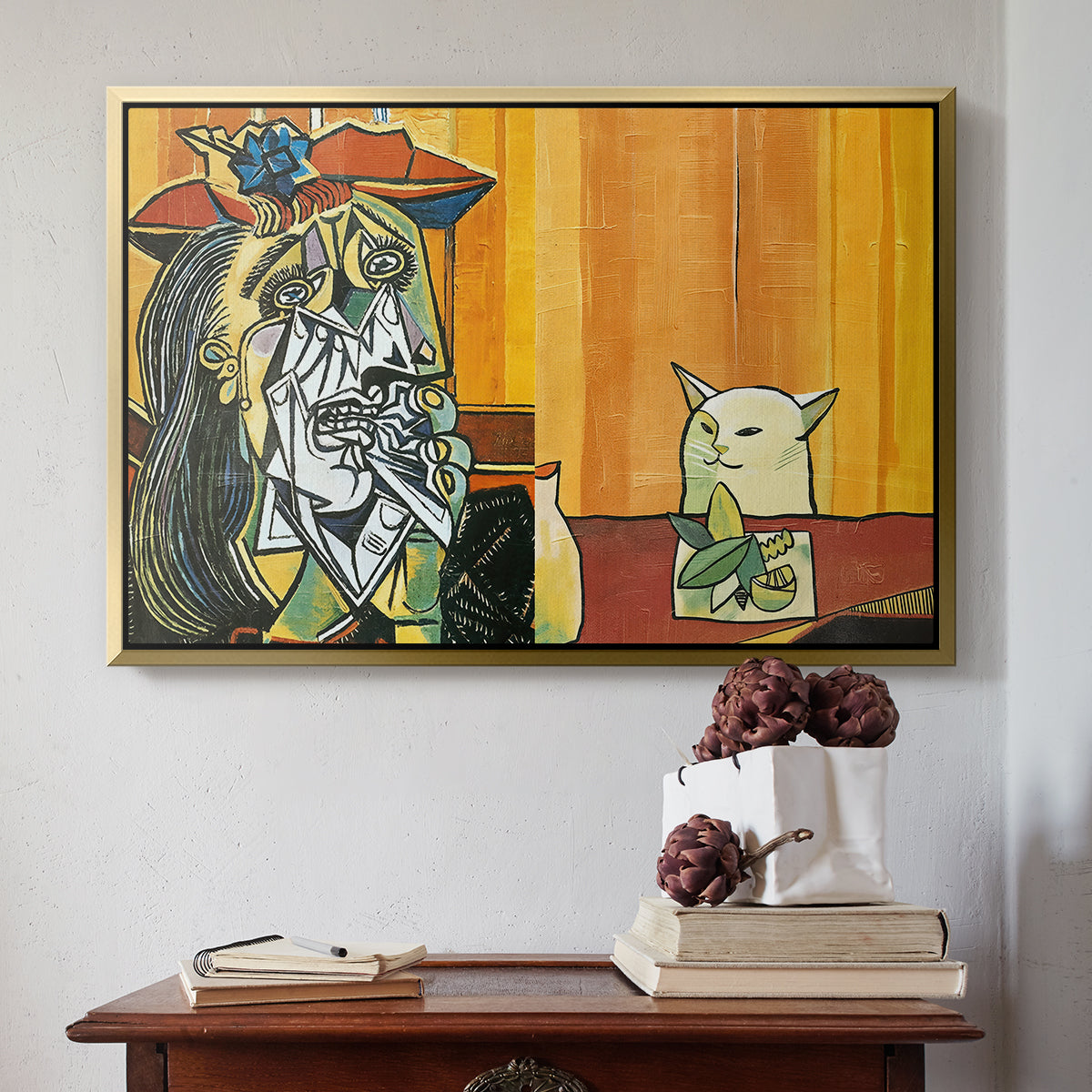 Woman Yelling at a Cat Meme (Picasso Parody) - Floater Framed Canvas Print