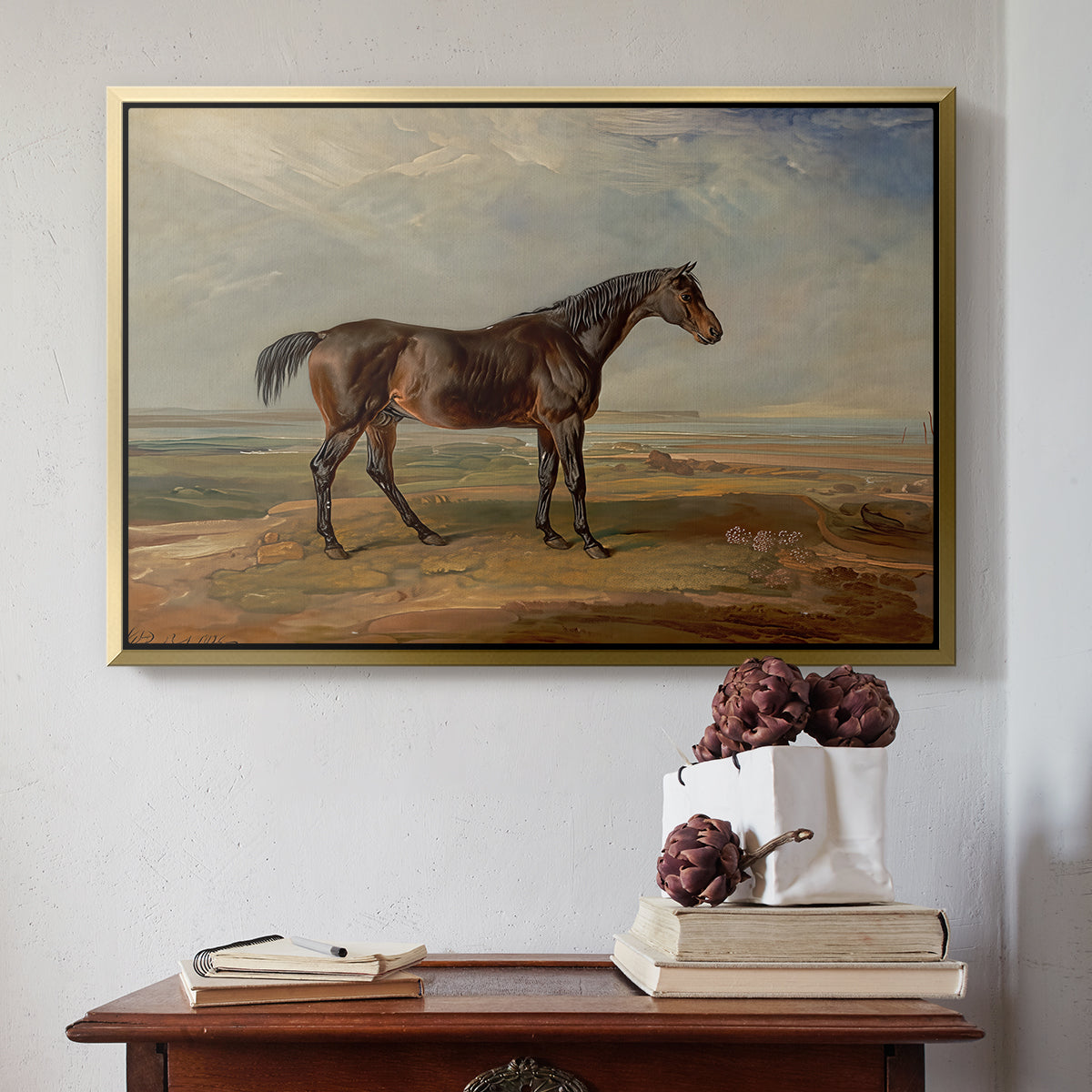 Dr. Syntax, a Bay Racehorse, Standing in a Coastal Landscape, an Estuary Beyond, c. 1820 - Floater Framed Canvas Print